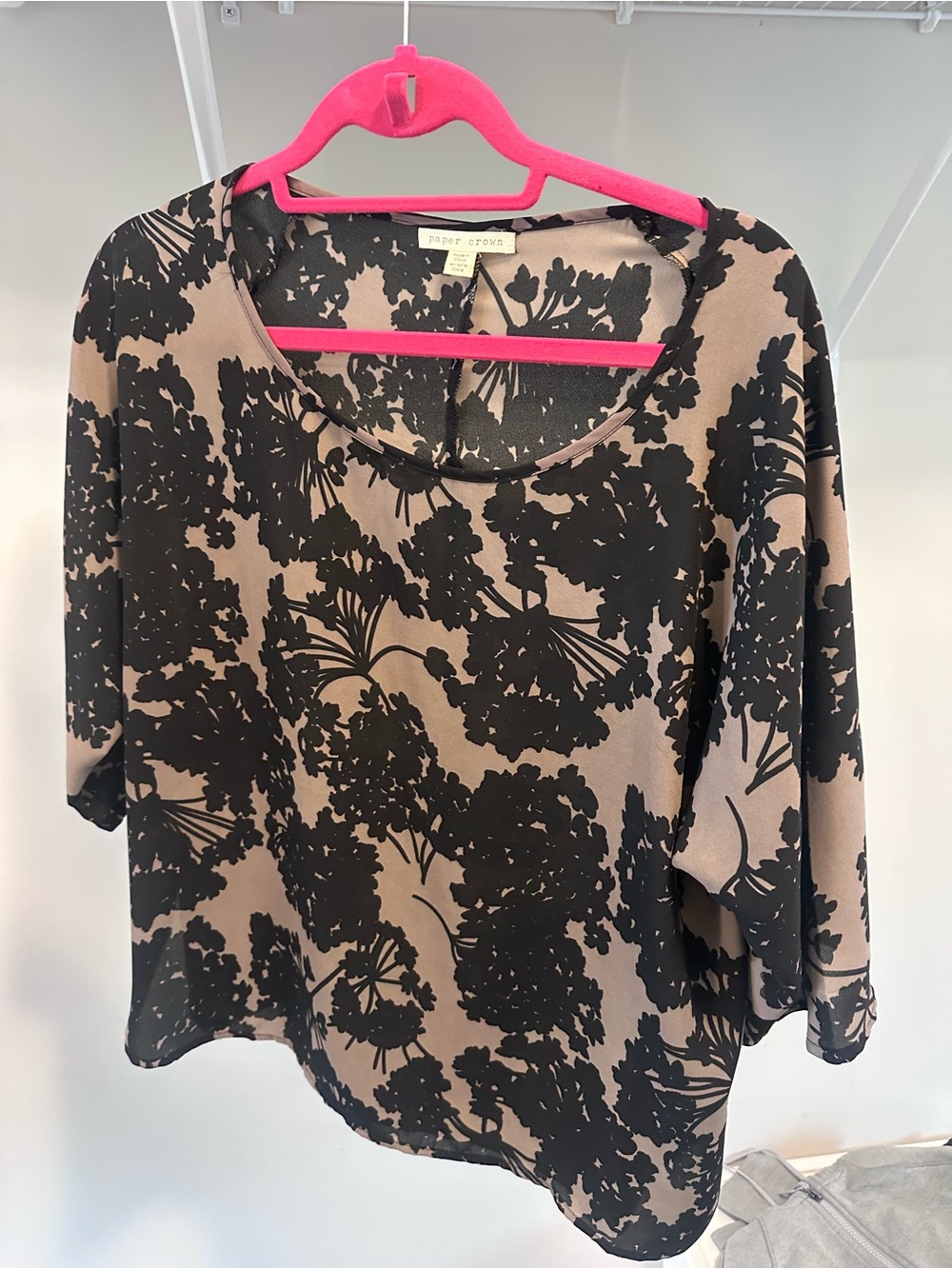 Paper Crown Taupe Top with Black Floral Print